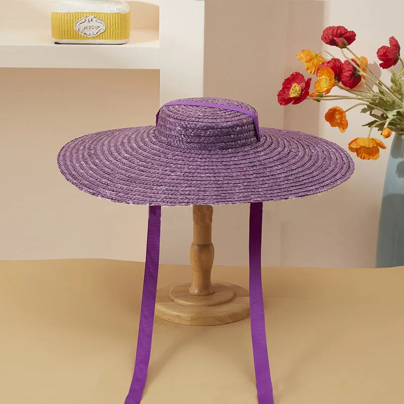 15cm Wide Brim Straw Hat Flat Top Summer Beach Hats for Women Ribbon Boater Hat Sun Hat Gray Black Red Pink Blue With Chin Strap