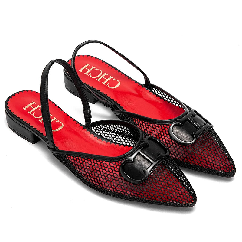 CHCH Women's Flat Shoes 2024 New Mesh Hollow Sandals Black Women's Shoes