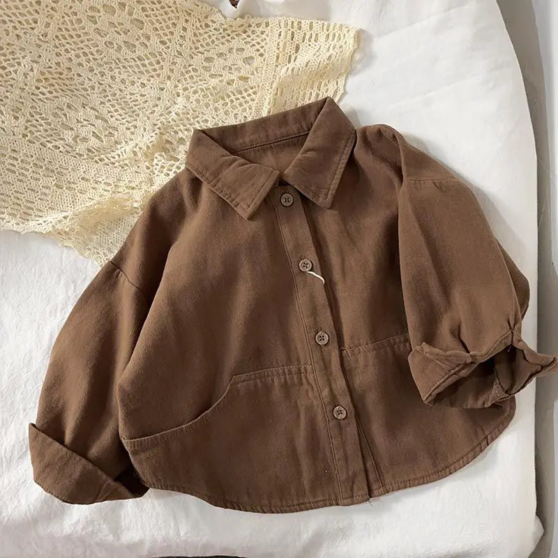 Korean boys' shirt long sleeved spring and autumn 2024 new girls' shirt baby top children's cardigan outdoor wear