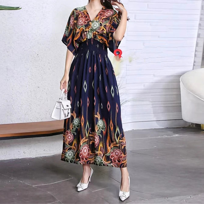 2025 Summer New Casual Elegant Retro Bohemian Style V-neck Elastic Waist Large Swing Printed Long Skirt Autumn Summer Dress