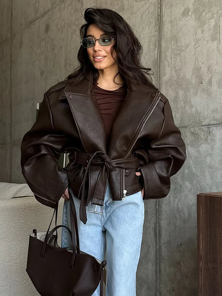Crocodile Pattern Embossed Short Women Leather Jacket Stand Collar Zipper Long Sleeved Cropped Jackets 2026 Street Daily Outfit