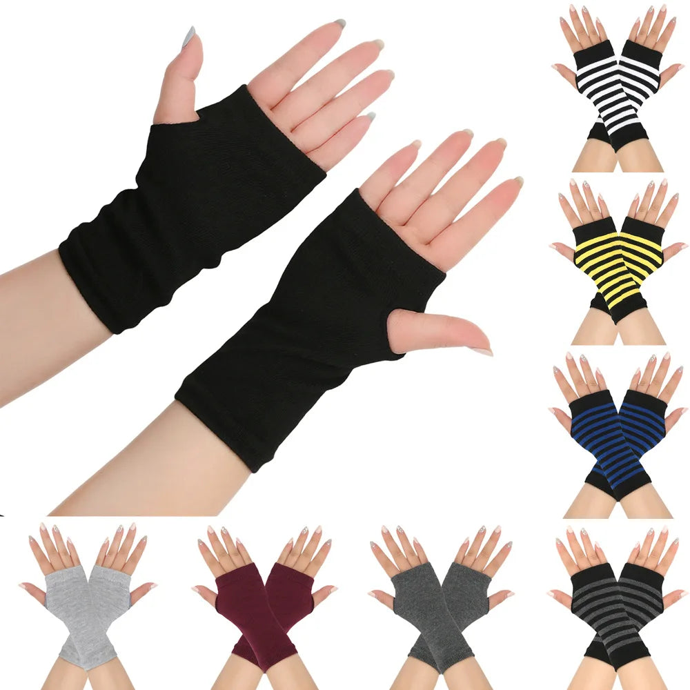 1pair Winter Autumn Women Warm Fingerless Knitted Gloves Solid Color Stretch Mittens Exposed Finger Short Gloves