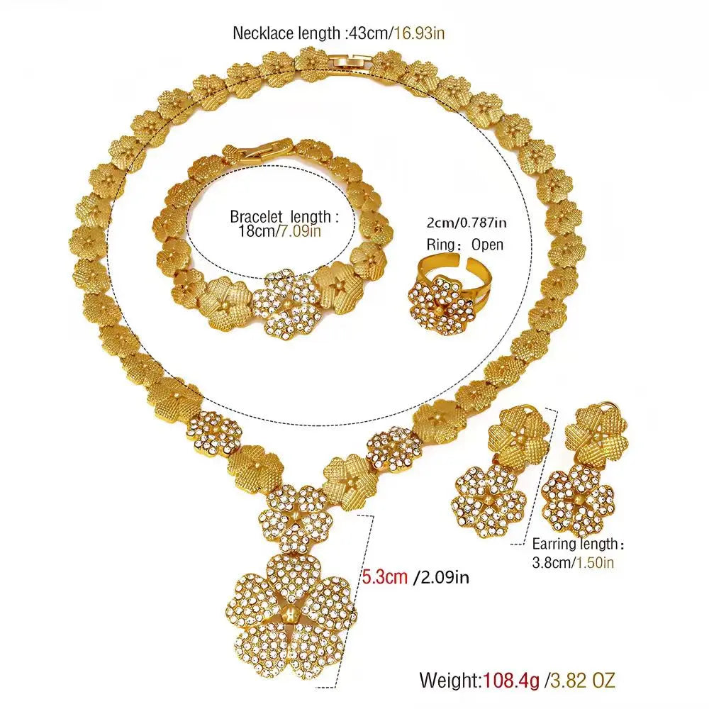 Dubai Nigeria Jewelry Sets For Women Luxury Design Five Petals Flower Pendant Necklace Earring Bracelet And Ring