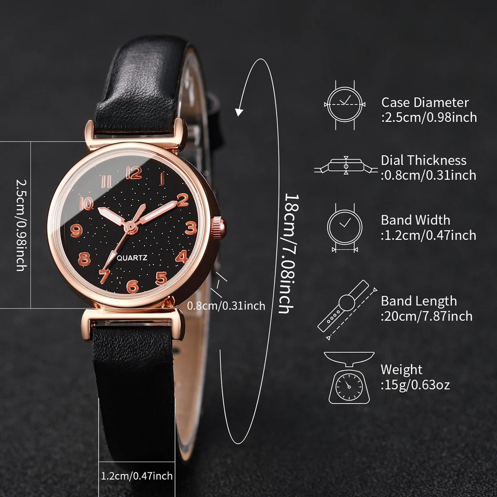5PCS/Set Women's Watch Fashion Starry Sky Dial Leather Band Quartz Watches Turquoise Bracelets Set