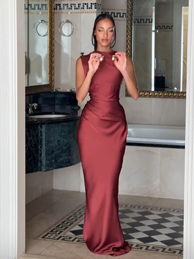 Ruched Waist Satin Long Dress Solid Bodycon Sleeveless Cowl Neck Fishtail Women Dresses 2026 Summer Lady Formal Evening Gowns