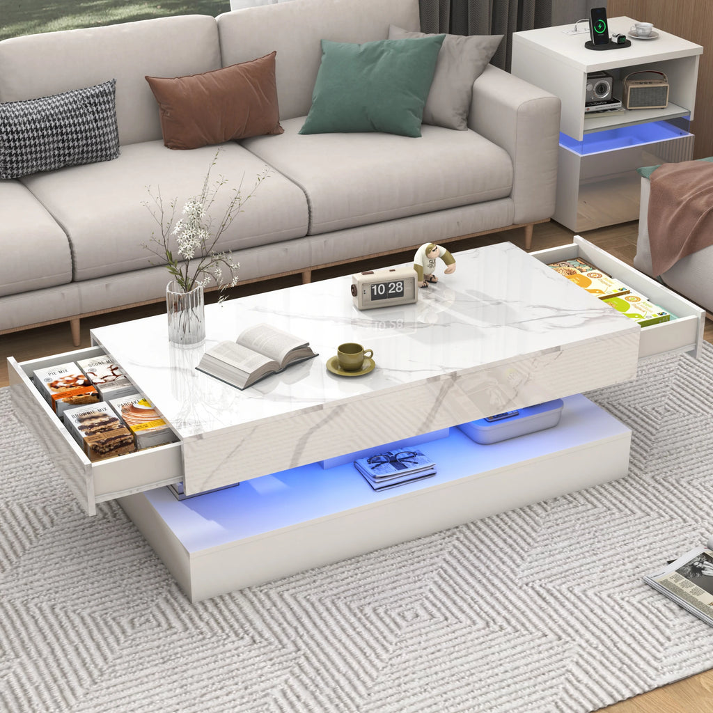 Modern Stylish Coffee Table with LED Lights, Double-Layer Design for Living Room Coffee Table with 2 Storage Drawers