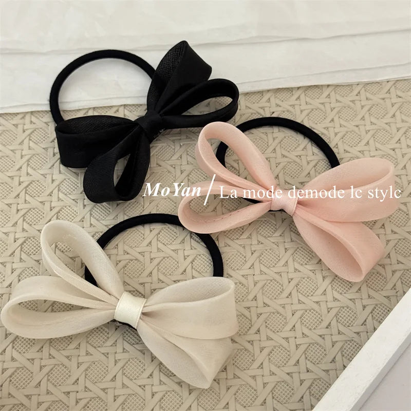 Korean mesh three-dimensional bow hair rope sweet girl headband rubber band double ponytail hair band on the back of the head