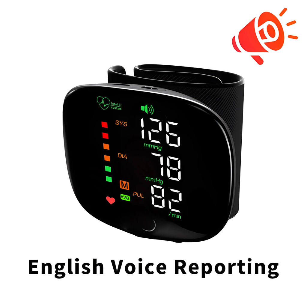 LED Screen Wrist Blood Pressure Monitor English Voice Broadcast Rechargeable Blood Pressure Measuring Device Measurement Record