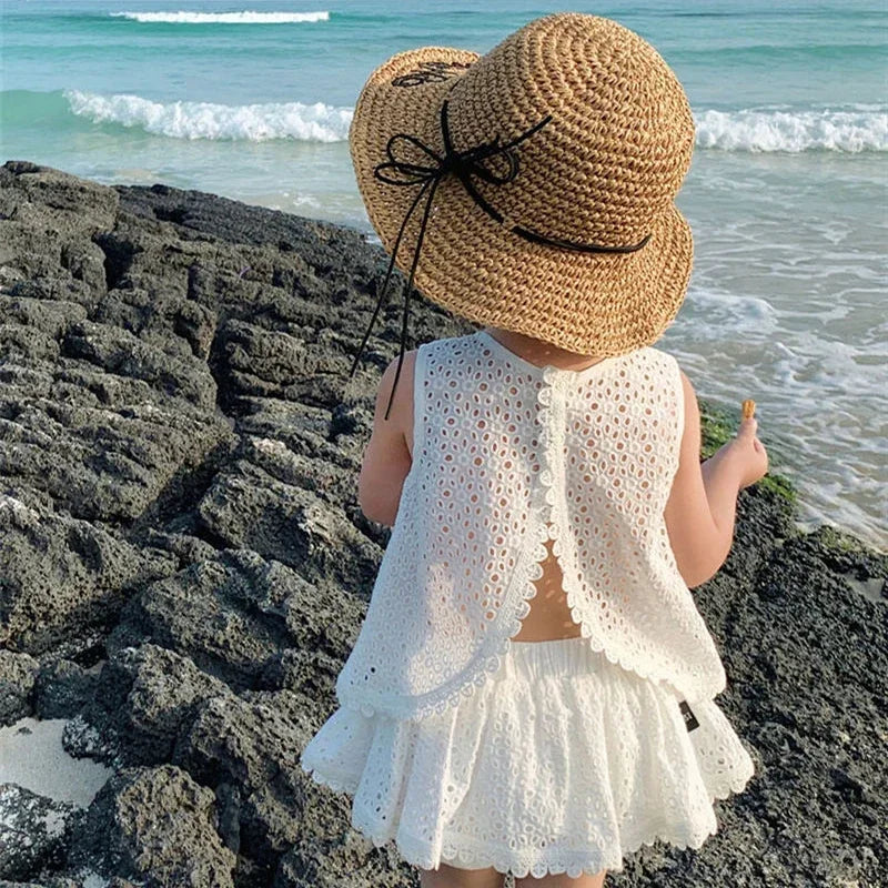 2PCS Kids Sets Summer Girl Clothes Children Hollow Lace Sleeveless Tops Shorts Set Fashion Baby Girl Cardigan Fake Two Suit