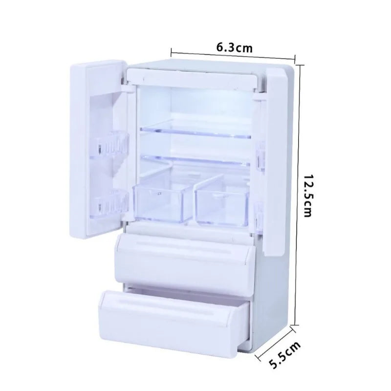 Miniature Refrigerator with Lighting 1:12 Double Door Mini Home Appliance Model Kitchen Scene Playing House Simulation Food Play
