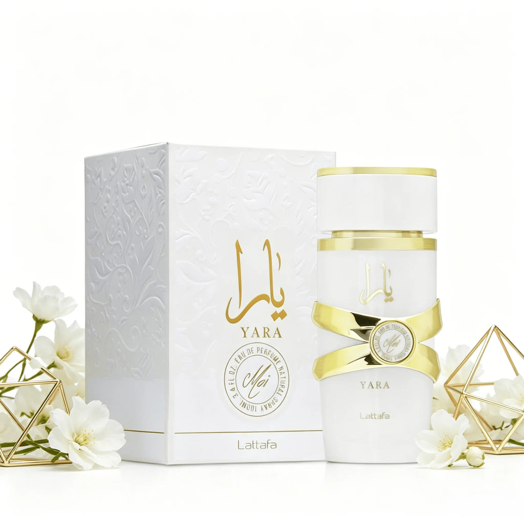 YARA LATTAFA Yara Moi EDP 100ML Perfume For Women Warm Soft Floral Milky Vanilla Aroma Long Lasting Matte White Gold Cross Ribbon Decor Bottle Complete Gift Box Anniversary Holiday Present