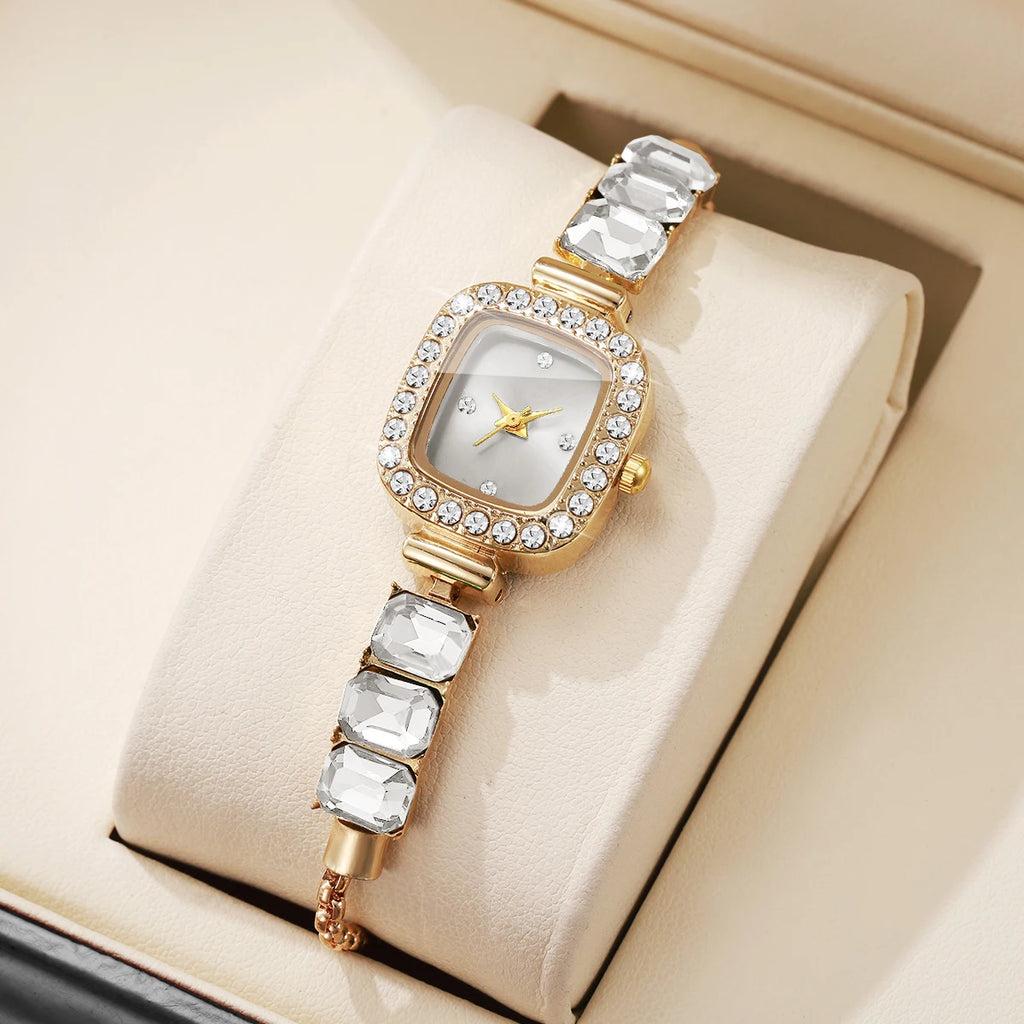 Fashion Square Diamond Dial Women Quartz Wristwatch Ladies Rhinestone Bracelet Strap Watch Reloj Mujer (Without Box)