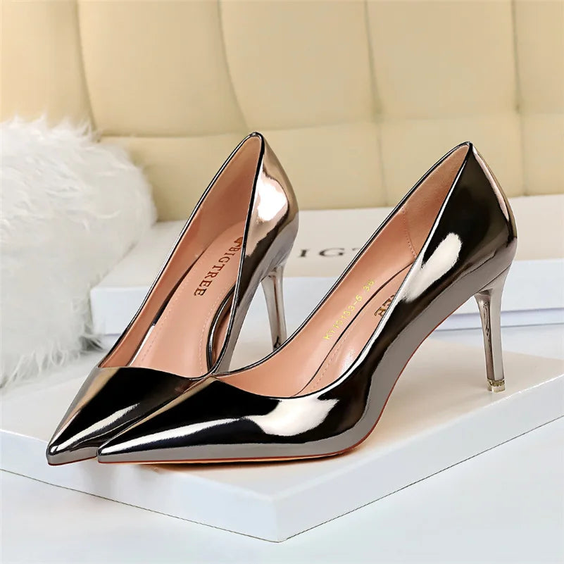 Women Mteallic Patent Bronze Leather Pumps 7.5cm 10.5cm High Heels Lady Stiletto Middle Low Heels Wedding Bridal Silver Shoes