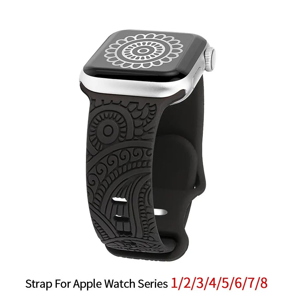 Hot Engraved Pattern Silicone Band For Apple Watch 42mm 46mm 38mm 40mm 41mm Sport Loop Strap For Iwatch Series 10 9 8 Ultra 7 6
