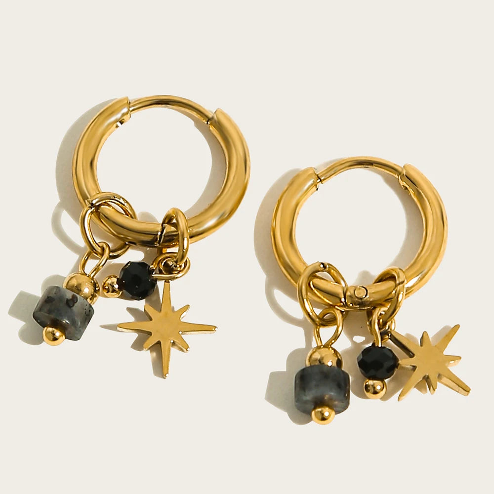 YACHAN 18K Gold Plated Stainless Steel Hoop Earrings for Women Vintage Green Natural Stone Charms Trendy Waterproof Jewelry