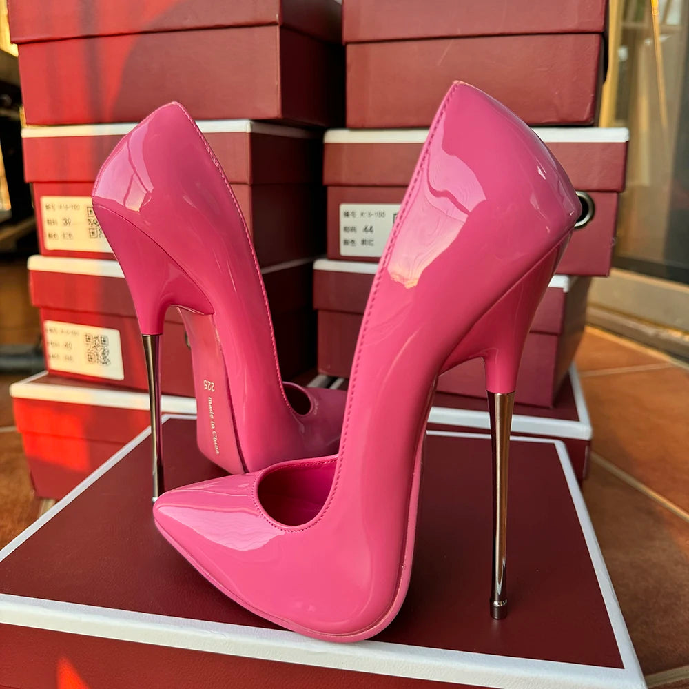 Tikicup 16cm Extreme Metal High Heels Women Black Sexy Red inside Pointy Toe Stilettos Fetish Model Party Unisex Shoes Size 46