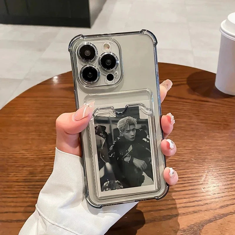 Transparent Card Bag Holder Phone Case For iPhone 11 12 13 14 15 16 17 18 Pro Max Plus AIr Wallet Shockproof Cover