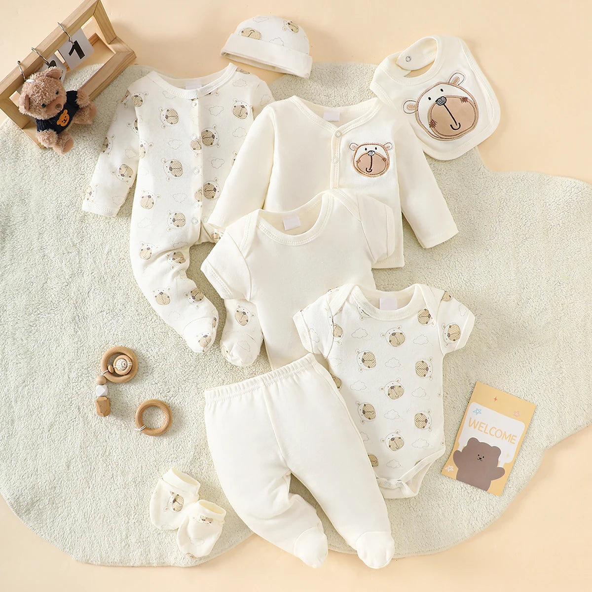 8-Piece Newborn Romper Set • 100% Cotton • Soft & Breathable Beige with Cute Bear Pattern, Perfect for Sleeping & Crawling