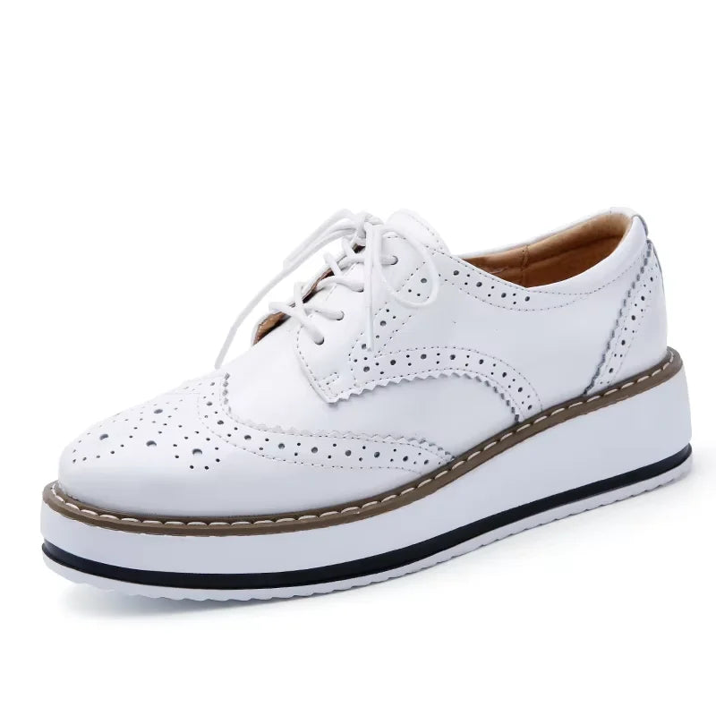 EOFK Spring Autumn Women Derby Platform Flats Brogue Leather Lace up Classic Bullock Footwear Gold Female Oxford Shoes Lady