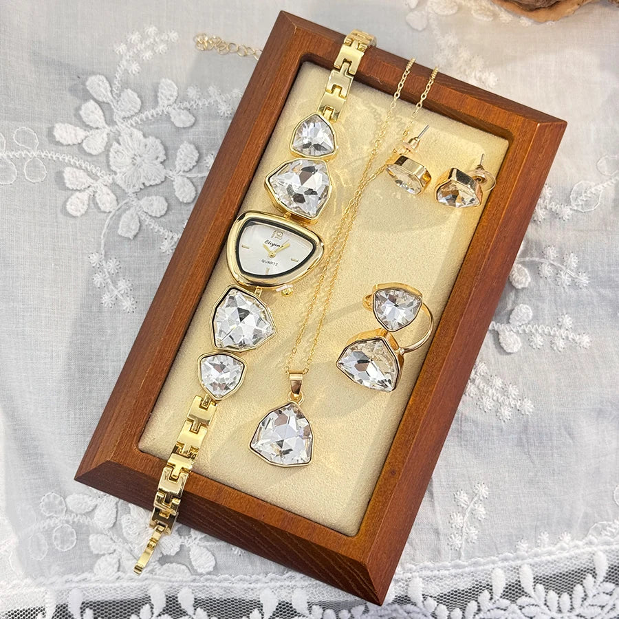 Luxury Ladies Quartz Watch  Colorful Diamond Irregular Shape Necklace Ring Earrings Jewelry Set Four-Piece Gift Set Trendsetter