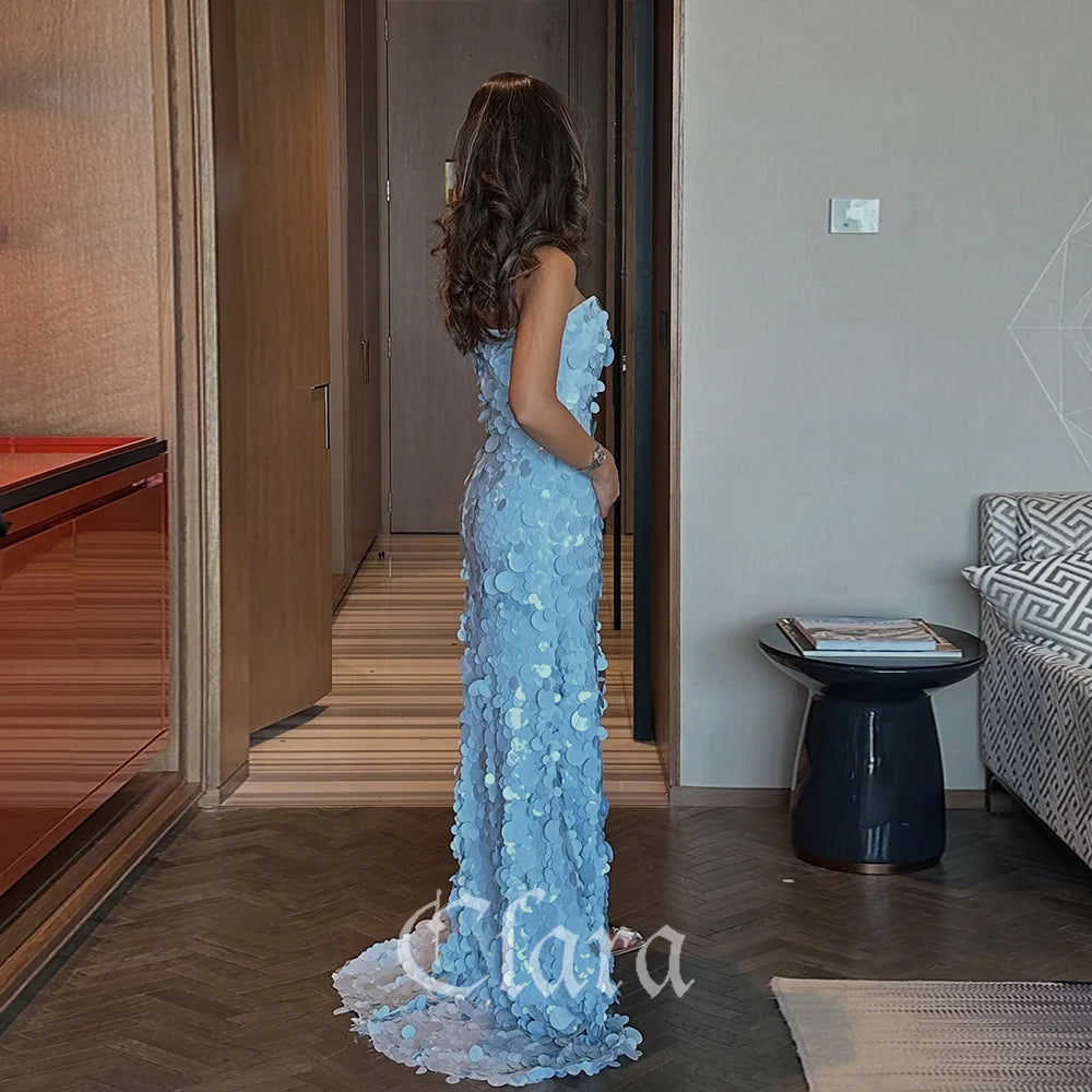 Clara Elegant Sky Blue Sequins Prom Dress Strapless Sweetheart Mermaid Evening Dress With High Side Slit Party Dress Custom