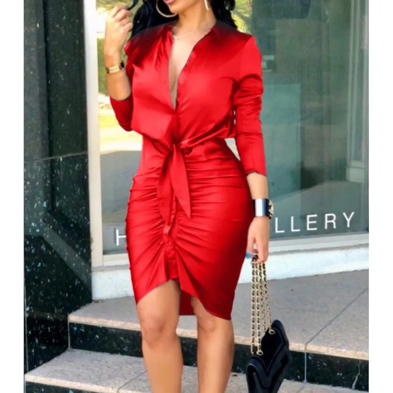 Summer Autumn New Elegant Ladies's Dress 2024 V-neck Strap Solid Color Elastic Waist Bag Hip Printed Long Sleeve Shirt Dress