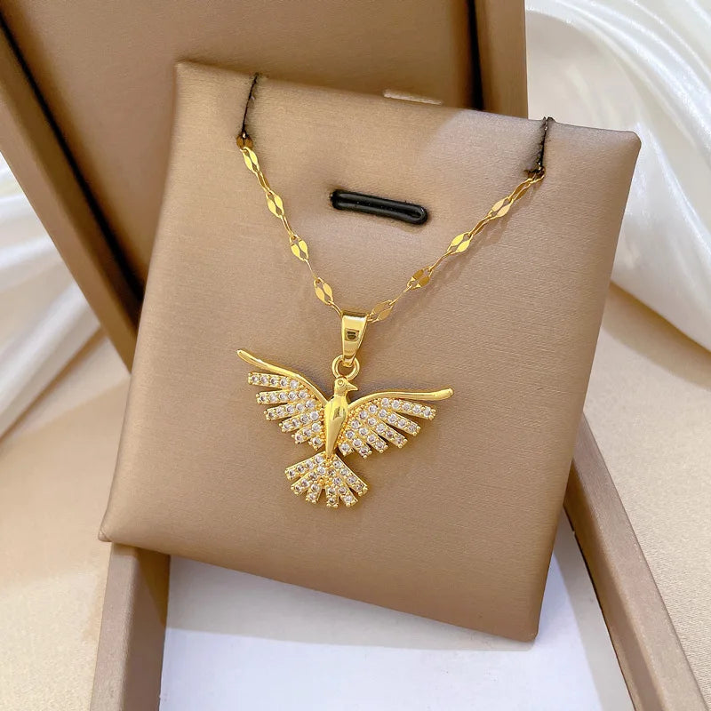 DIEYURO 316L Stainless Steel Phoenix Eagles Pendant Necklace For Women Girl 2023 New Trend Choker Neck Chain Jewelry Gift Party