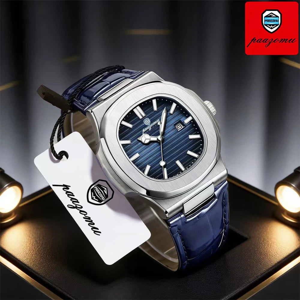 PAAZOMU Top Luxury Square Man Watch Date Waterproof Luminous Men Wristwatch High Quality Leather Men's Quartz Watches+Box Reloj
