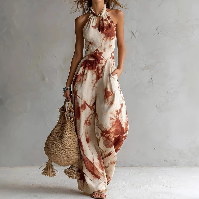 Women Summer Halter Sleeveless Jumpsuit Print Patchwork Wide Leg Pants Playsuit Hollow Out Backless Lace-Up Bodysuit Streetwear