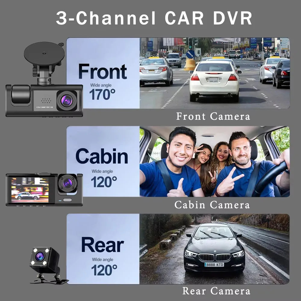 1080P 3 Channel Lens WiFi Dash Cam Car DVR Interior Vehicle Camera Mini Recorder Video Registrator Dashcam Three Way Camcord