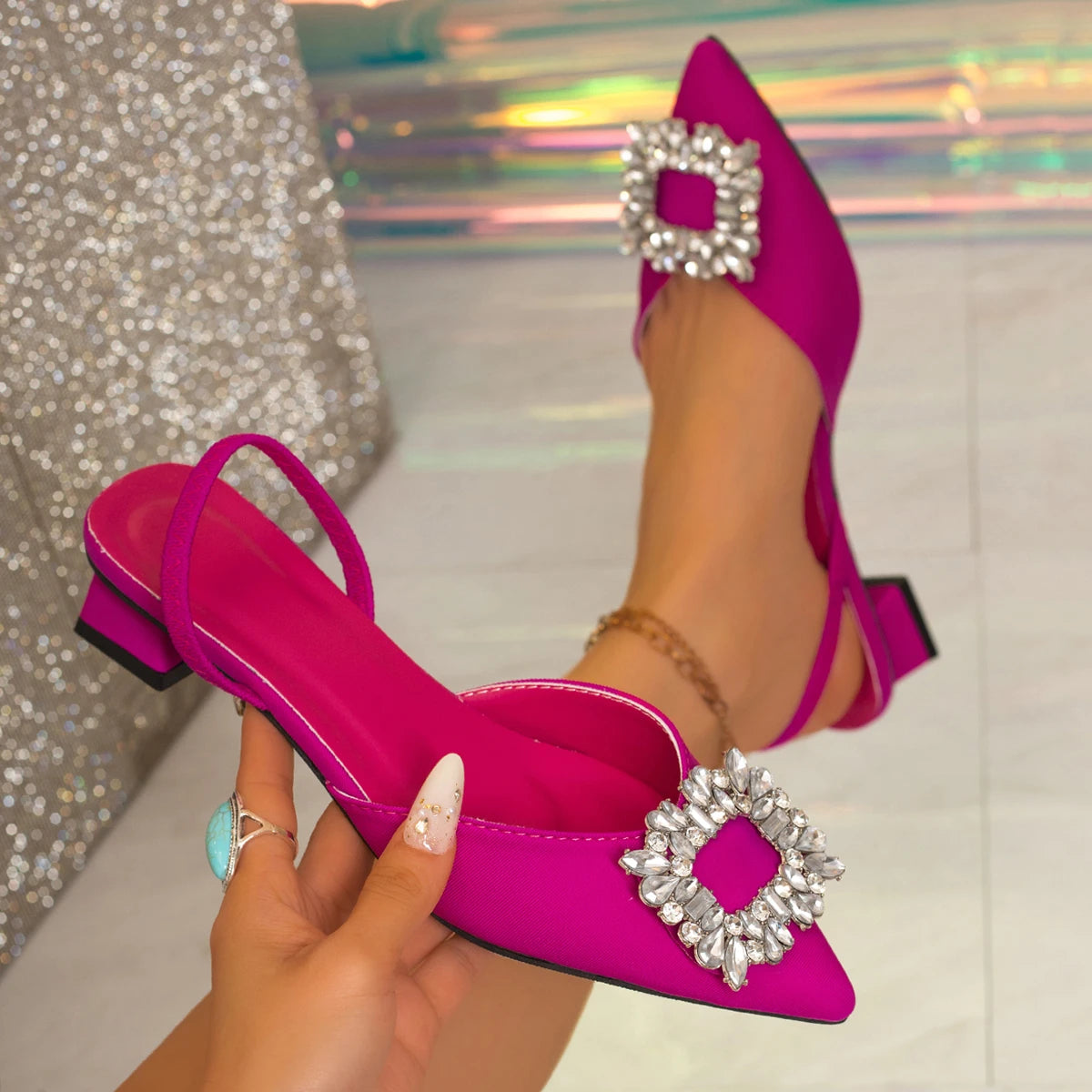 Women High Heel Sandals Elegant Crystal Buckle Pumps Ladies Summer Sexy Pointed Toe High Heels shoes Women Party Wedding Shoes