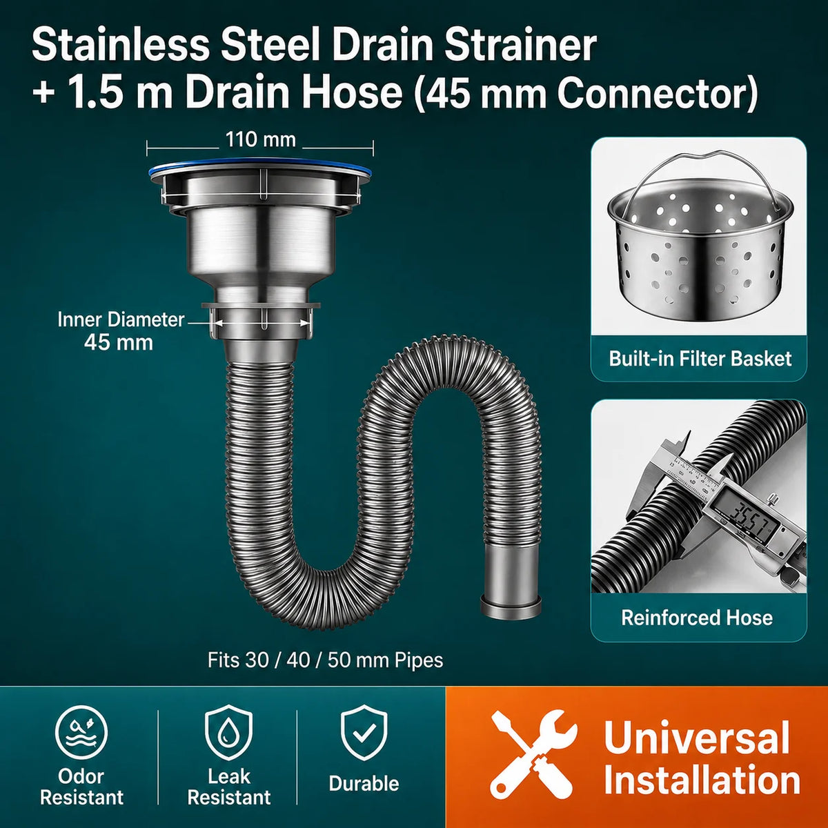 Universal Flexible Kitchen Sink Drain Pipe Anti-Odor Sewer Hose Extension Tube for Mop Pool Laundry Sink Accessories