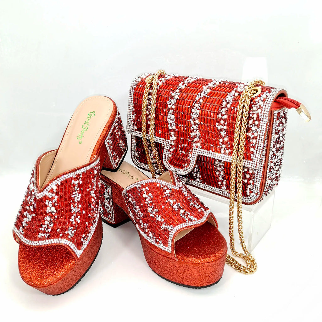 QSGFC Italian Design Fashion Crystal Fish Mouth High Heels Elegant, Exquisite, And Mature Women's Sandals And Square Bag Set