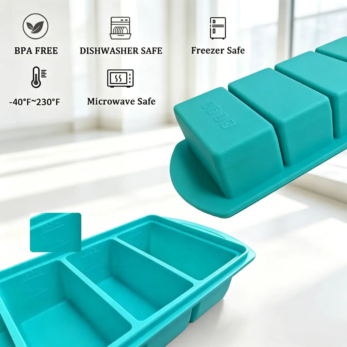 Silicone Freezer Tray with Lid 2 Pack, 1 Cup Large Ice Cube Tray, 8 Portion Soup Freezer Container, Food Freezer Storage & Meal