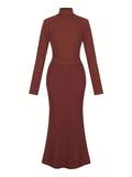 Spring/Autumn 2026 New Arrivals European & American Women's Wear Elegant High-Neck Fitted Long-Sleeve Knitted Dress Evening Wear