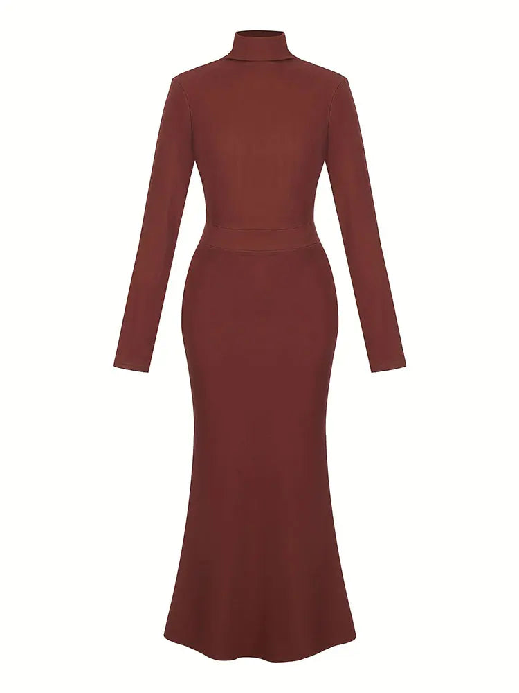Spring/Autumn 2026 New Arrivals European & American Women's Wear Elegant High-Neck Fitted Long-Sleeve Knitted Dress Evening Wear