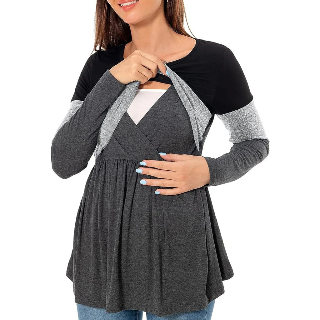 Maternity Nursing T Shirt Pregnant Womens Long Sleeve Patchwork Nursed Tops Blouse For Breastfeeding Pregnancy Clothes Pullover