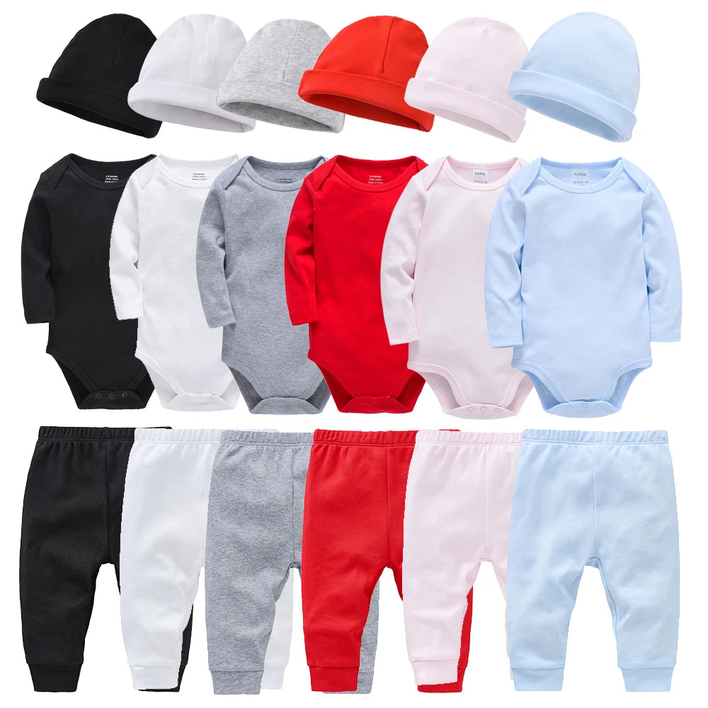2/3 Pieces Set 100% Cotton Baby Rompers Pants Hat Blank Colors Kids Trousers Plain Newborn Clothing Muslin Bodysuit Clothes