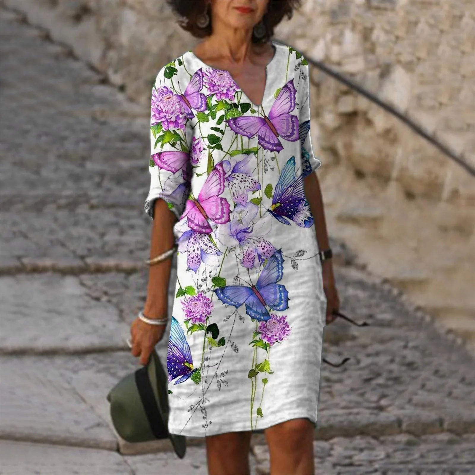 Mom Casual Dresses V Neck Elegant Retro Printed Medium Sleeved Dress Summer Fashion Streetwear Maxi Vestidos For Daily Fit