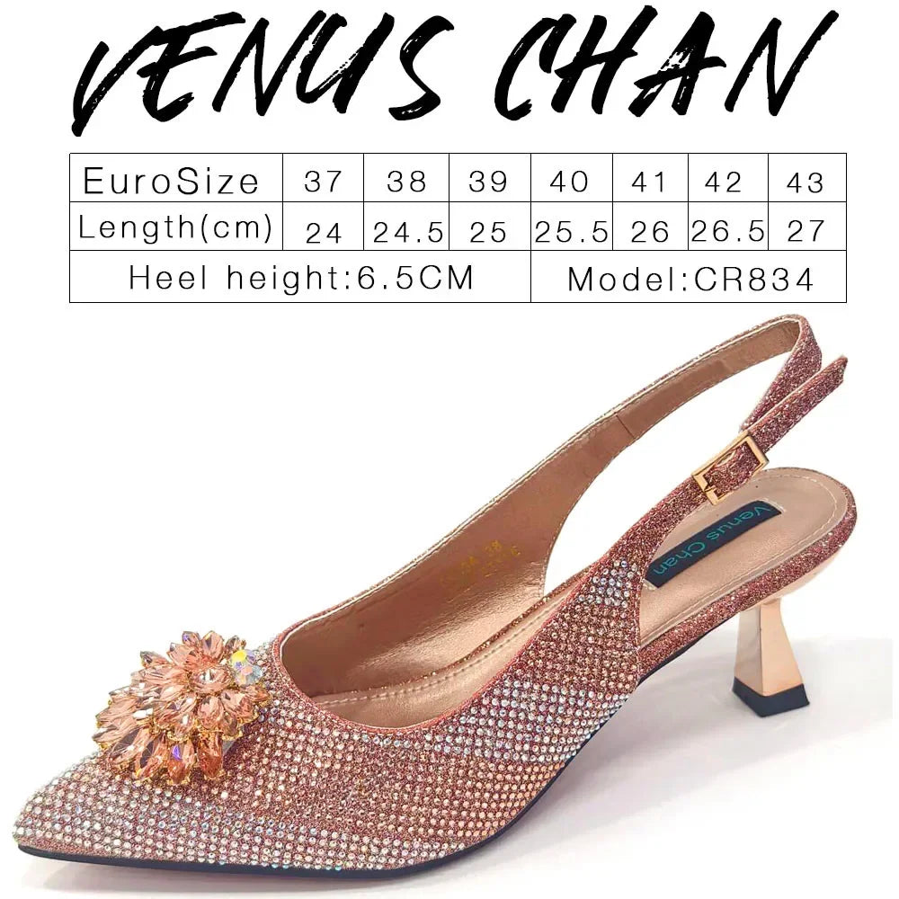 2024 Italian Design Rhinestone Luxury Wine Colour Pointed Toe Shoe & Bag Set Women's High Heels for Parties By Venus Chan