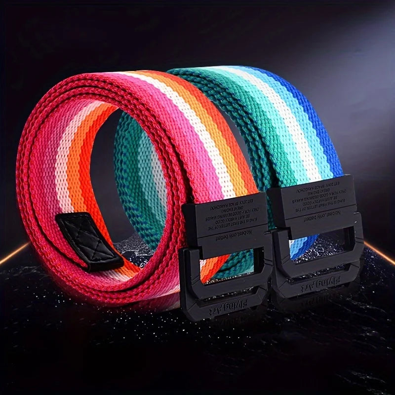 Seven Color Double Ring Buckle Rainbow Canvas Belt For Women Men, Casual Pants Belt