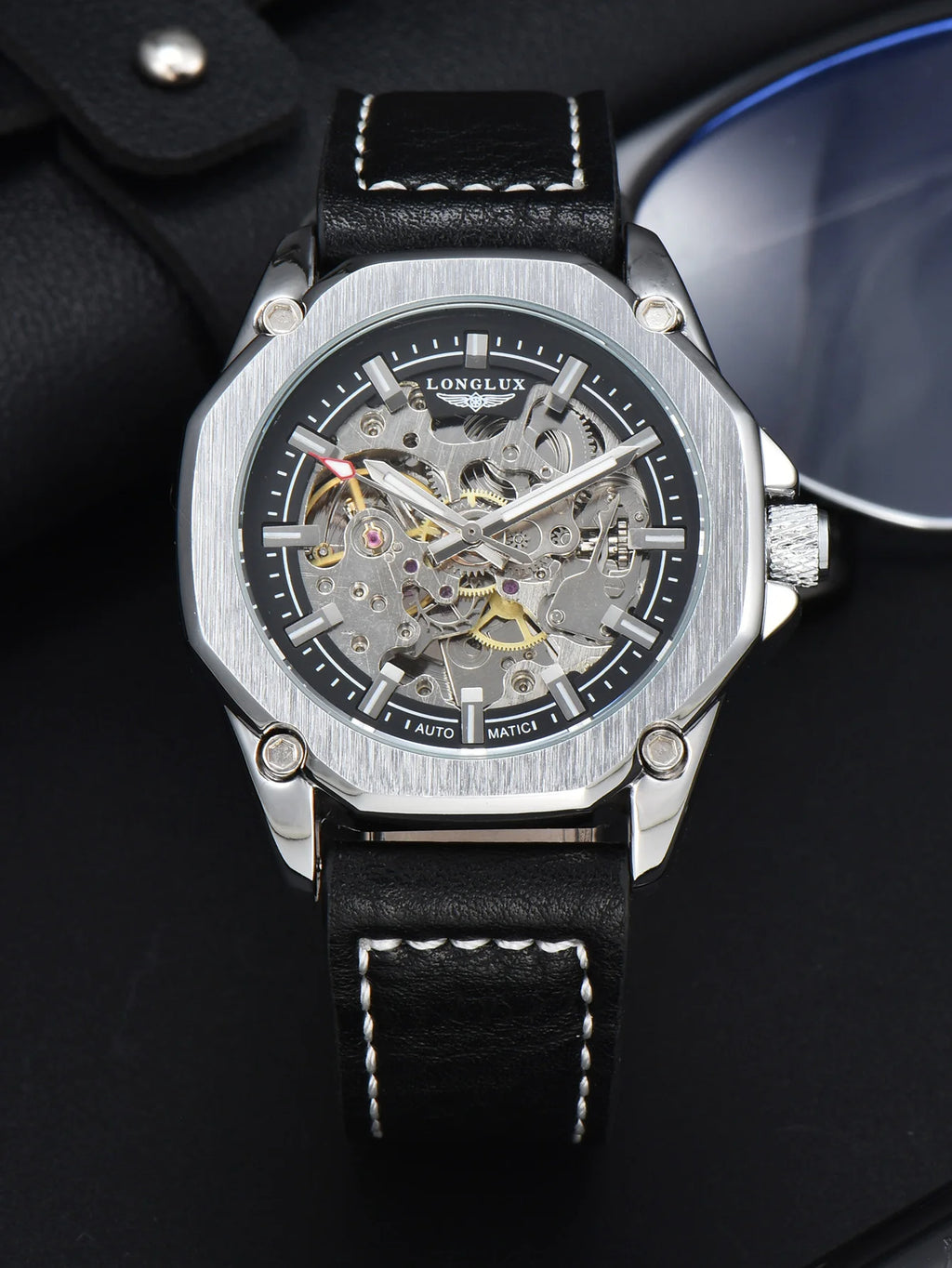 LONGLUX Automatic Watch Sport Style Wholesale Mechanical Wristwatches Fashion Hollow Leather Mens Watch Men Gift