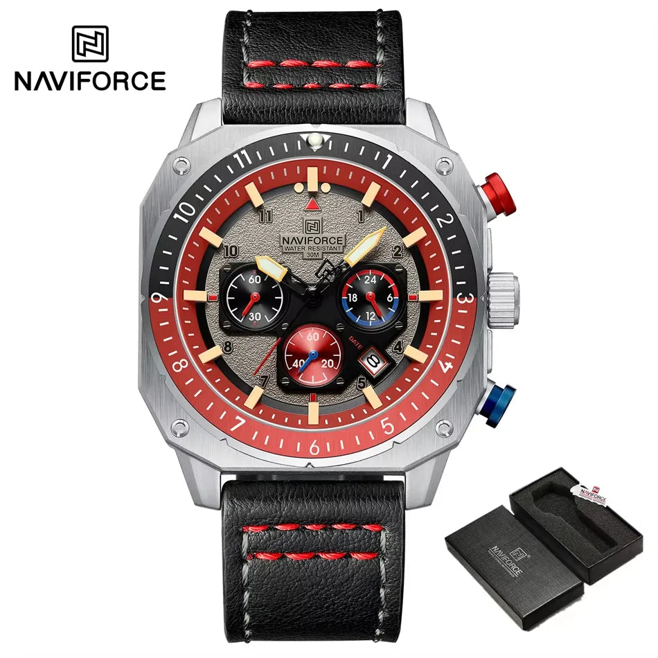 NAVIFORCE Sports Multifunction Waterproof Watches for Men Fashion Leather Luxury Brand Quartz Analog Luminous Square Wrist Watch