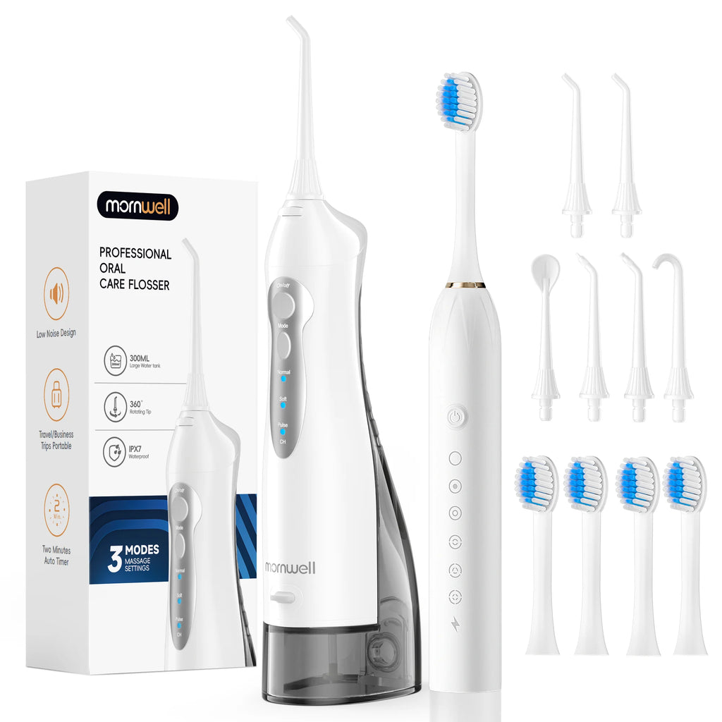 Mornwell Portable Water Flosser with Electric Toothbrush Combo:Gums Care - Brushing & Flossing for Adults, Travel Use, D52 & X3