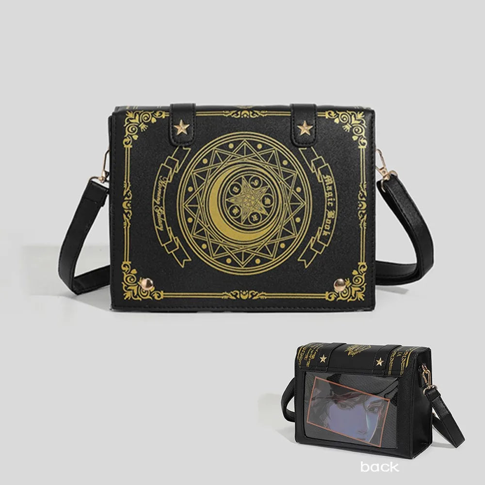 Kawaii Star Moon Badge Display Shoulder Bag Magic Book Design Transparent Window Women Messenger Bag PU Girls Ita-bag Lolita