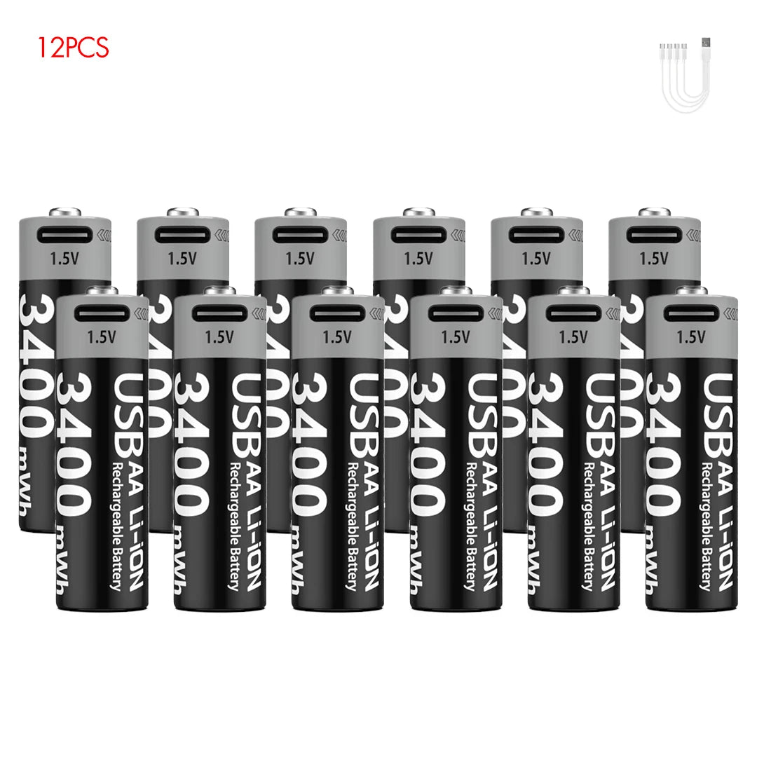 Kuugro High Capacity 1.5V 3400mWh AA Rechargeable Battery USB Type-C AA Li-ion Battery for Remote Control Smart Door Lock Toy
