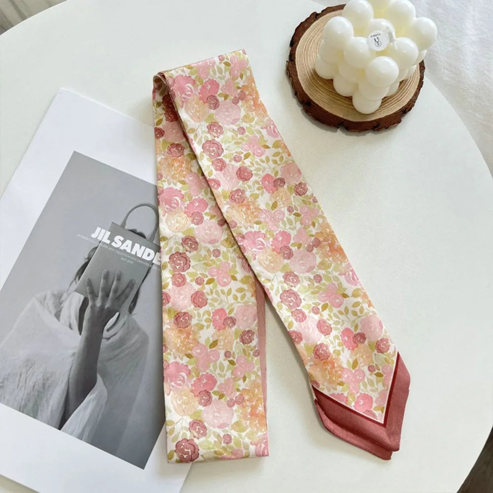 Summer Versatile Satin Silk Ribbon Scarf Long Thin Narrow Bag Strap Fresh Floral Hair Tie for Women