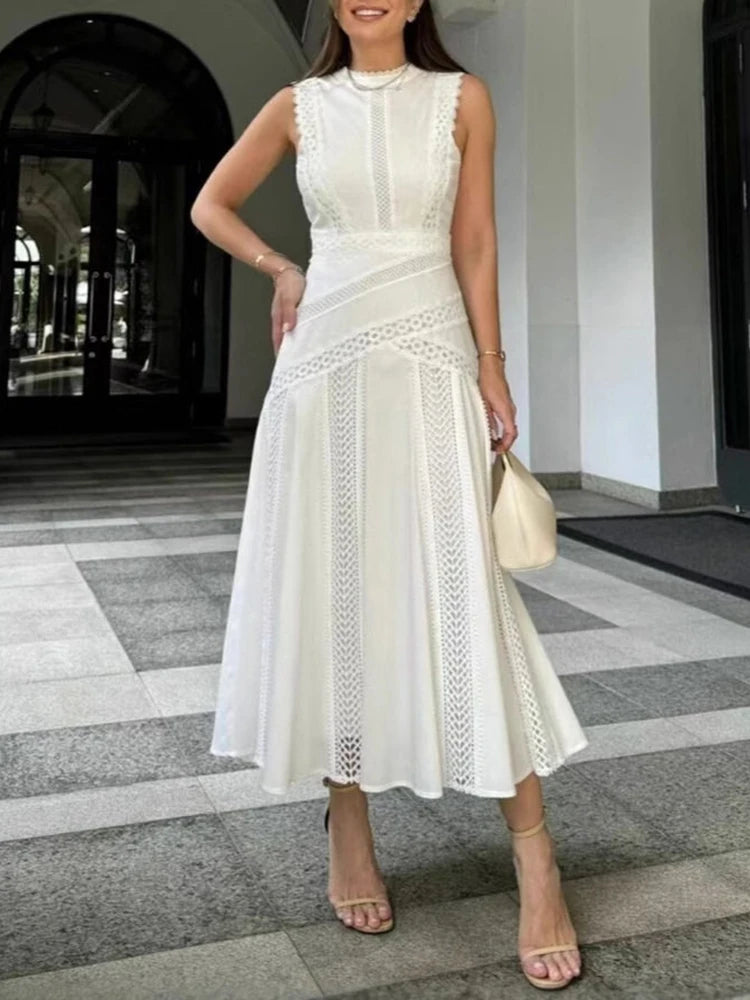 2026 Summer Women's Clothing Embroidery Hollow Irregular Appliqué Sleeveless Tank Top Fashion Dress High Waist Loose Puff Skirt
