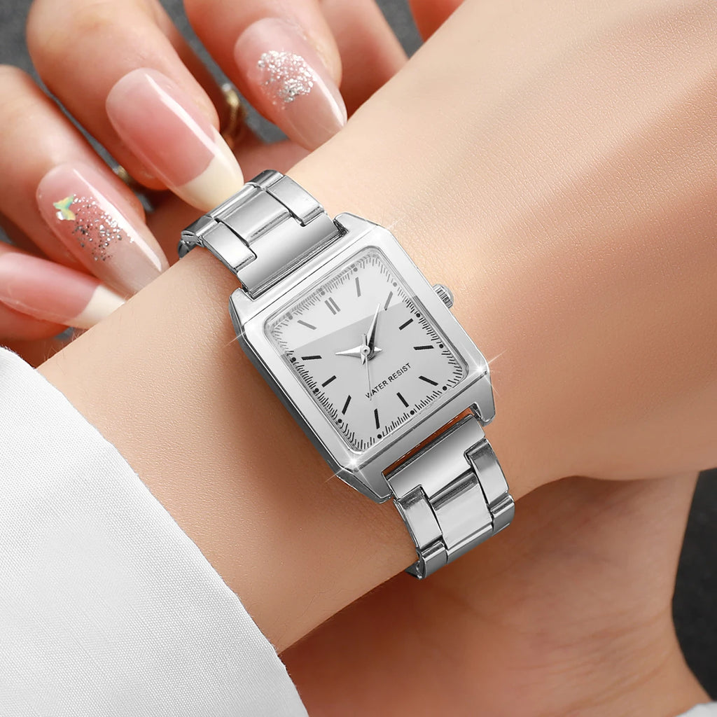 5PCS Fashion Women Quartz Watch Rhinestone Jewelry Set Elegant Square Dial Wristwatch Clock Gift Reloj Mujer（Without Box）