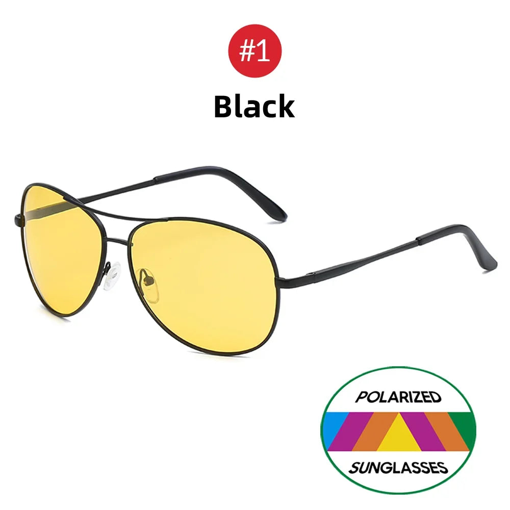 VIVIBEE Metal Aviation Night Vision Glasses for Men Driving Yellow Polarized UV400 Lens Pilot Goggles Nightvision Sunglasses